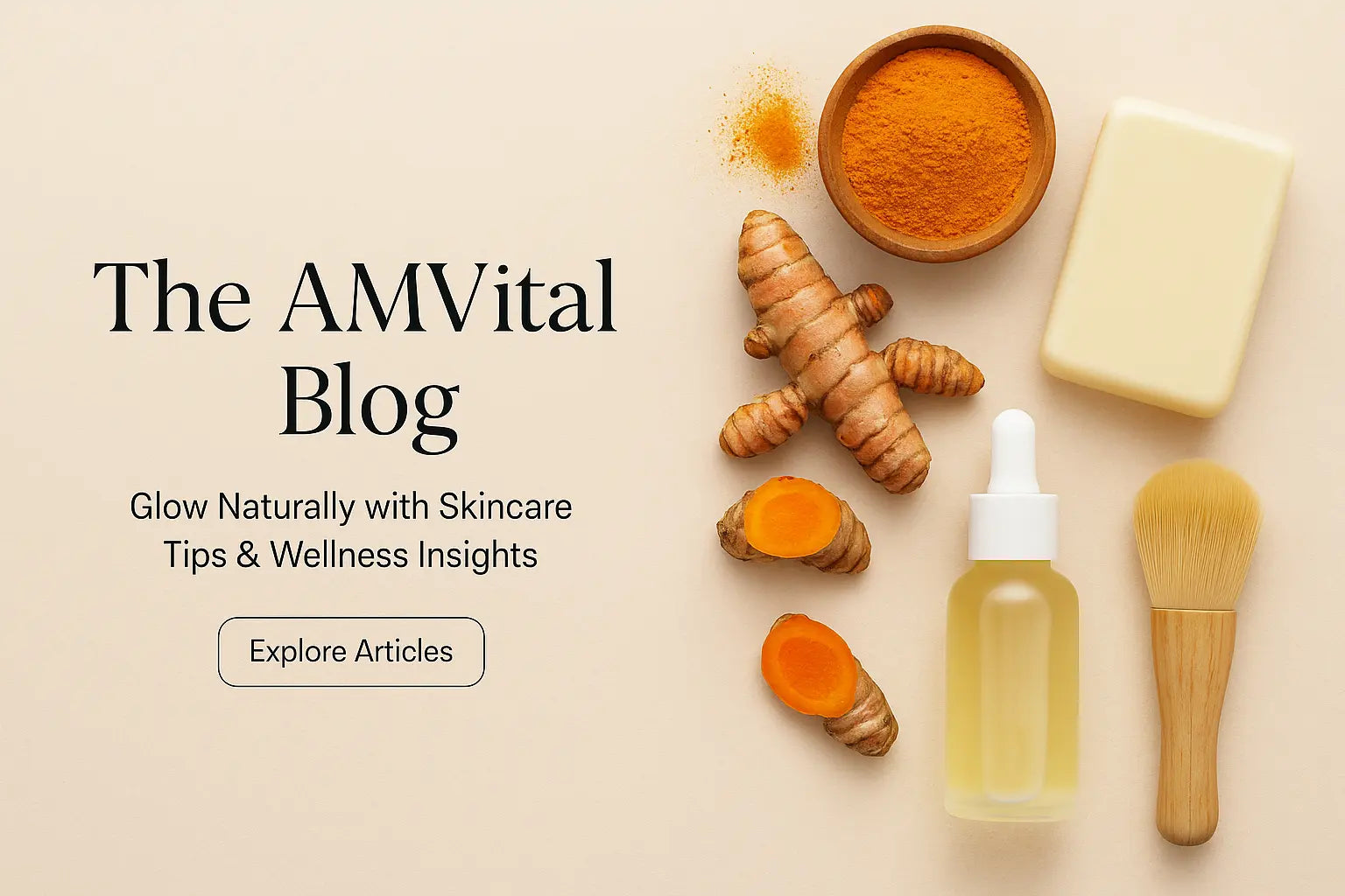 AMVital Blog desktop with skincare products on a beige background
