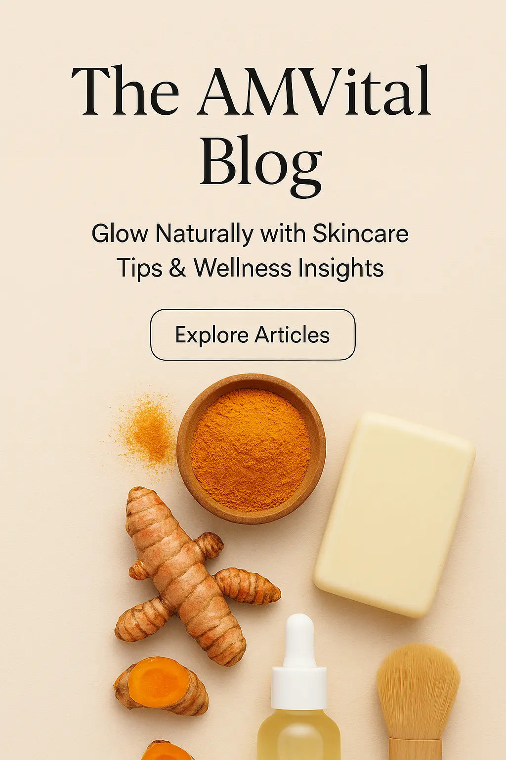 AMVital Blog mobile with skincare products on a beige background