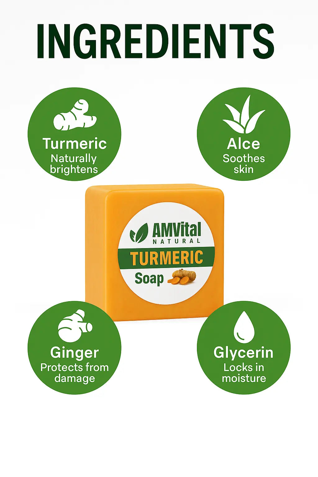 AMVital Turmeric Soap with listed ingredients on a white background