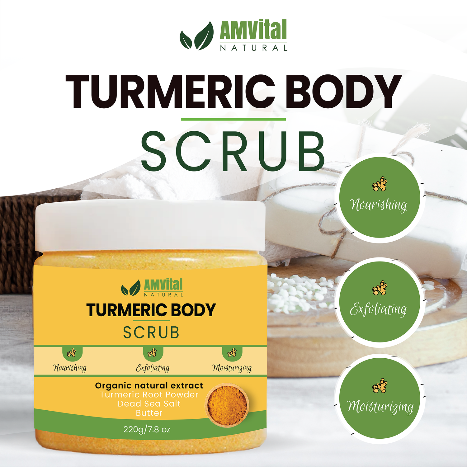 Turmeric Body Scrub – Deep Exfoliation & Hydration for Glowing, Smooth Skin – Face, Body, Hands & Feet (7.8 oz)