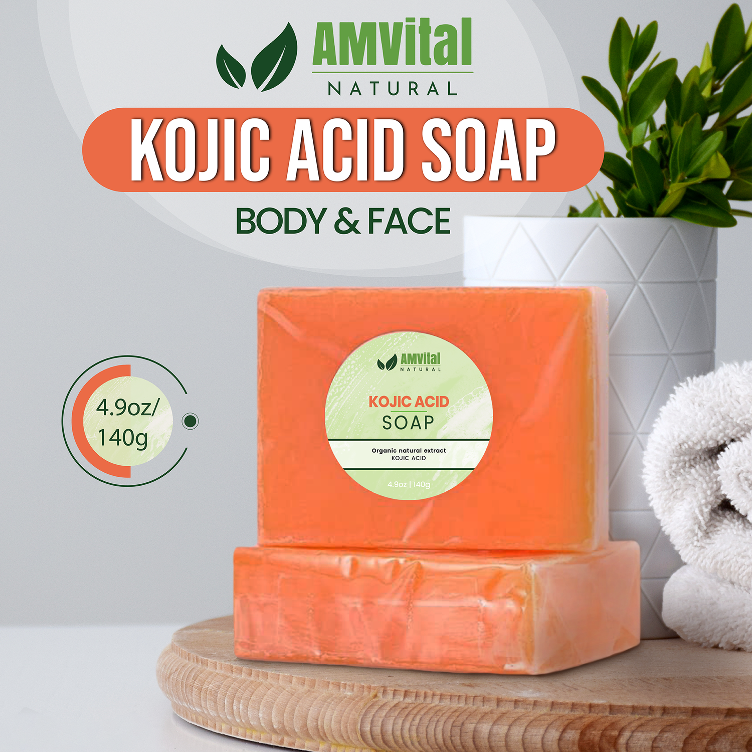 AMVital Kojic Acid Brightening Soap Bar – Deep Cleansing & Moisturizing for Face & Body – Evens Skin Tone & Promotes Smooth, Radiant Skin (140g)