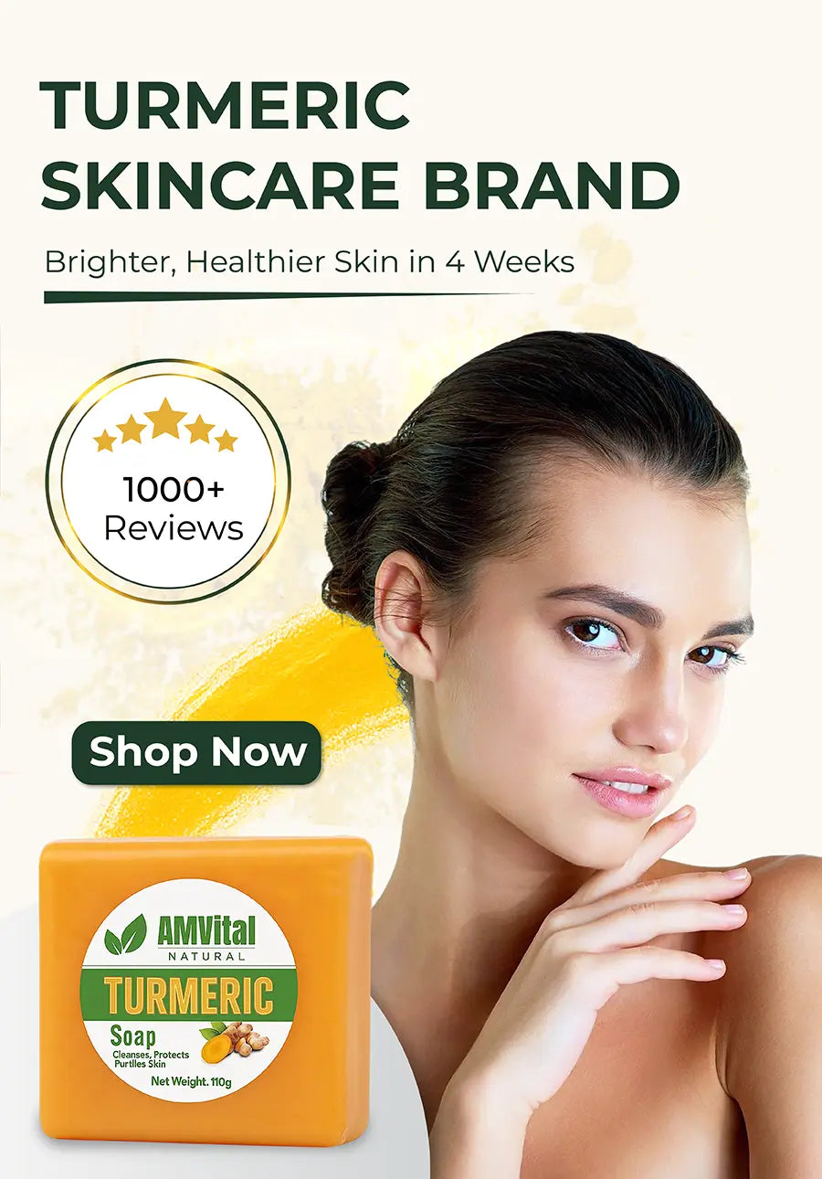 AMVital mobile hero – “#1 Turmeric Skincare Brand, Brighter Skin in 4 Weeks” with 1000+ reviews badge; Shop Now.