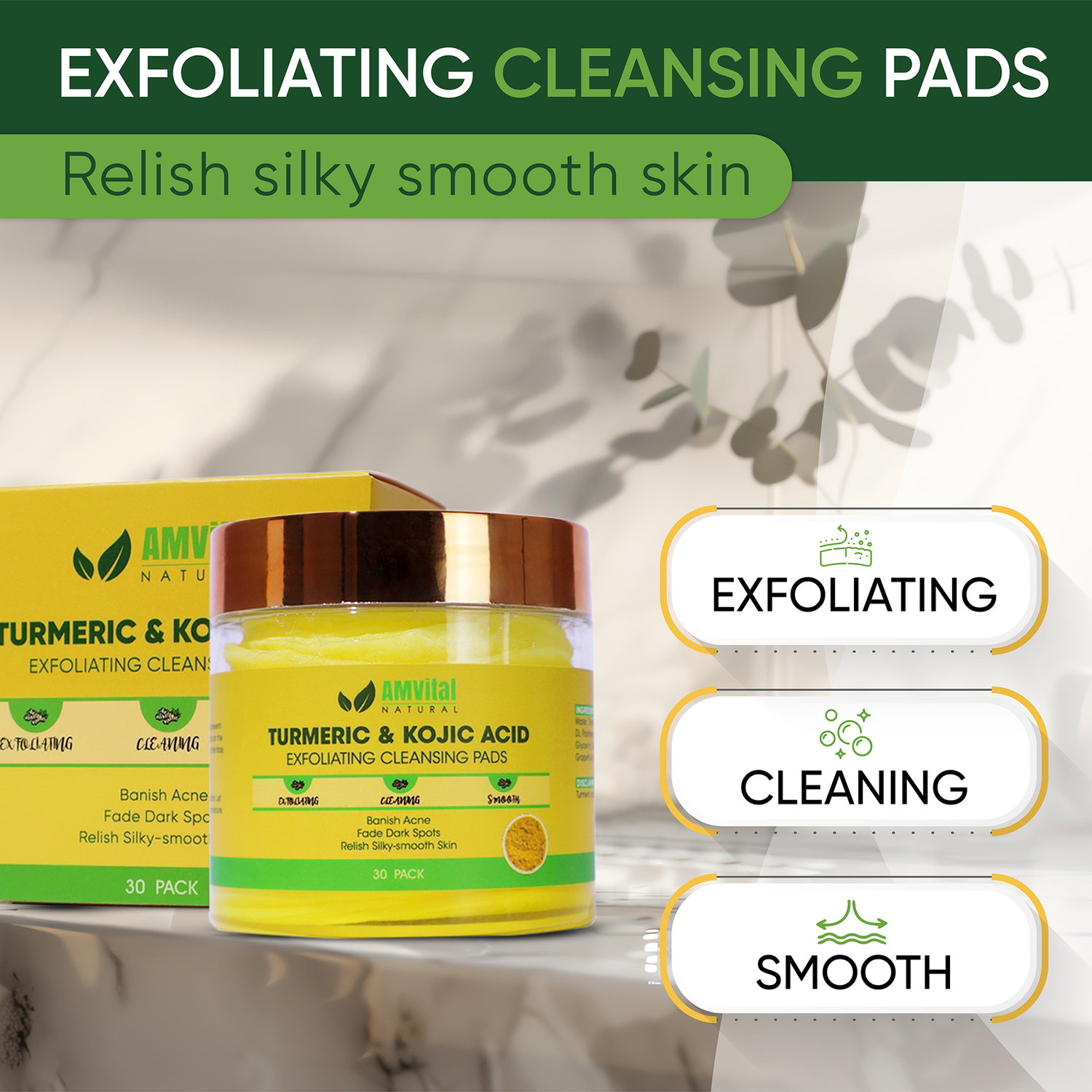 Kojic Acid & Turmeric Cleansing Pads (30-pack) – Brighten & Balance Skin, Oil Control & Exfoliation