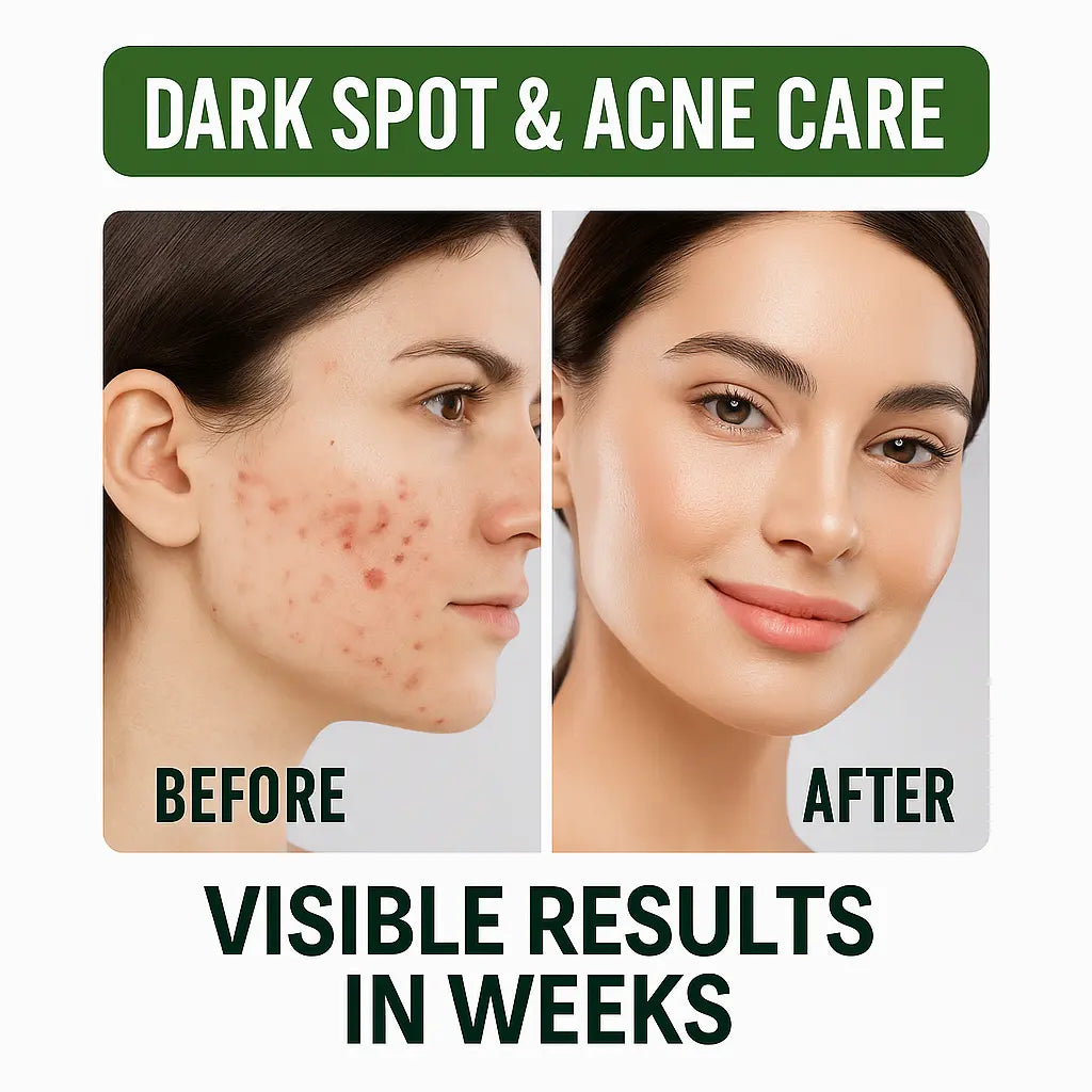 AMVital Before and after comparison of dark spot and acne care treatment on a woman's face.