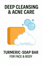 Turmeric soap bar for face and body with bubbles on a white background