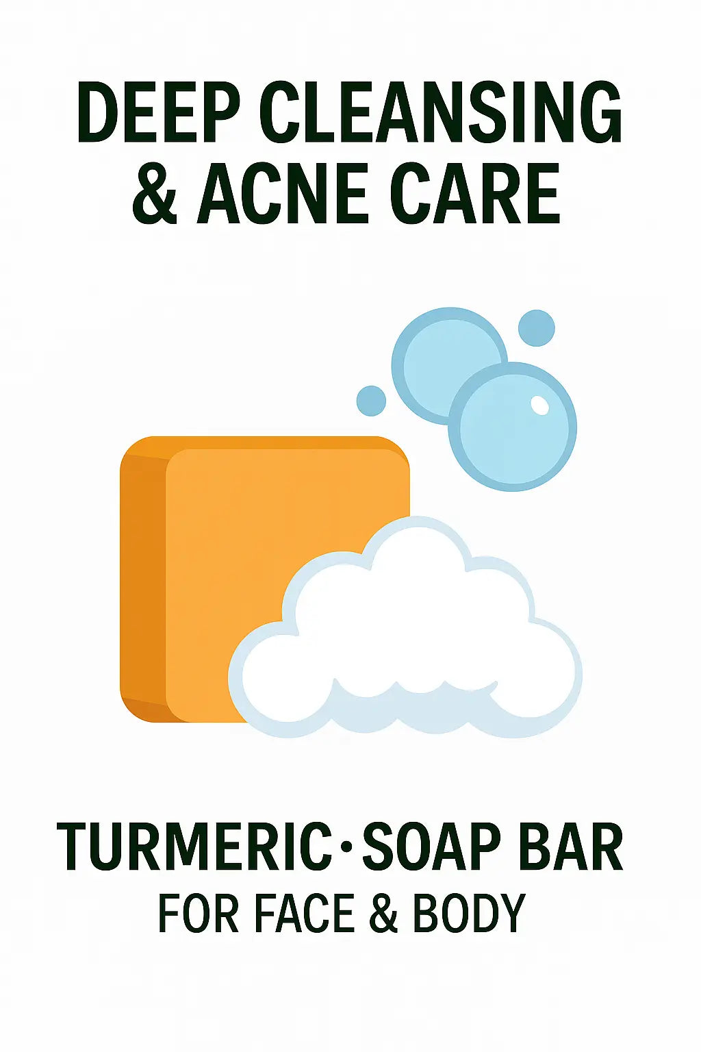 Turmeric soap bar for face and body with bubbles on a white background