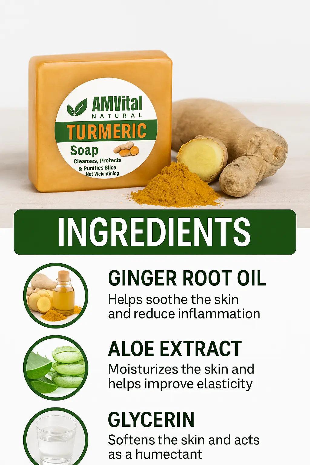 AMVital Natural Turmeric Soap with ginger root, aloe vera, and glycerin on a white background