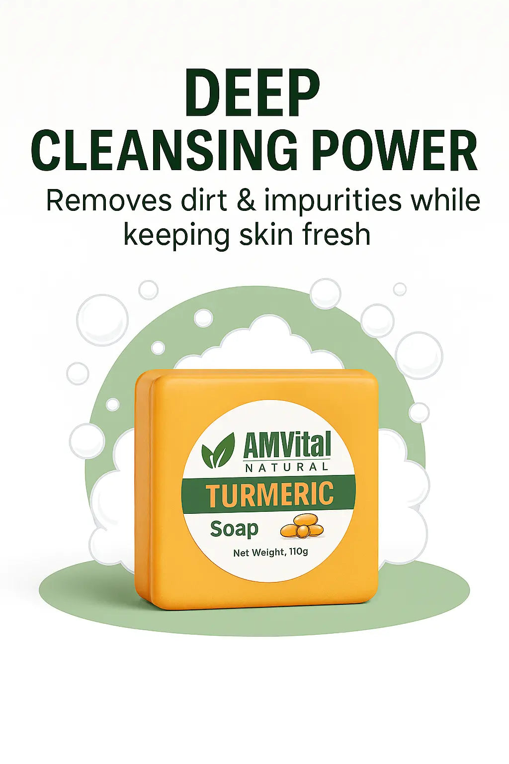 AMVital Natural Turmeric Soap with text about deep cleansing power on a white background
