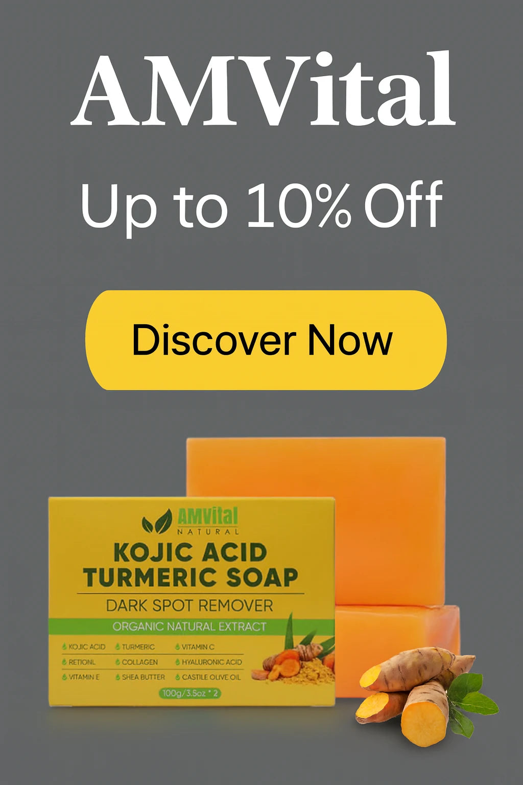 AMVital Kojic Acid Turmeric Soap promotion banner – Best seller natural skincare with turmeric, kojic acid, and nourishing ingredients. Discover Now for glowing, even-toned skin.